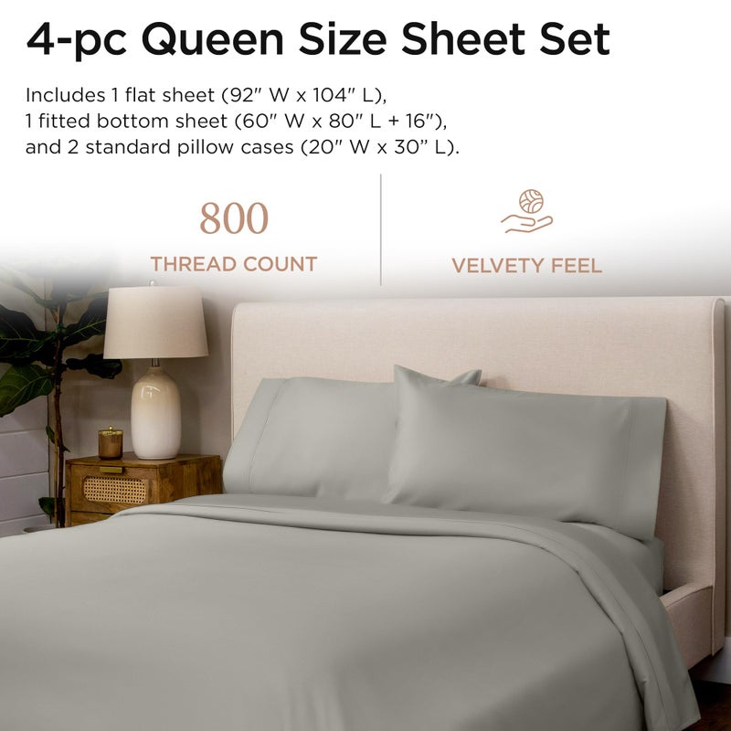 Threadmill Luxury 800 Thread Count Queen 100% Cotton Sheets - Moonrock Grey Sateen Weave Bed-Sheets, Better Than Egyptian Cotton,4 Pc Solid Soft Bed Set, Fits 16" Deep Pocket - Image 2
